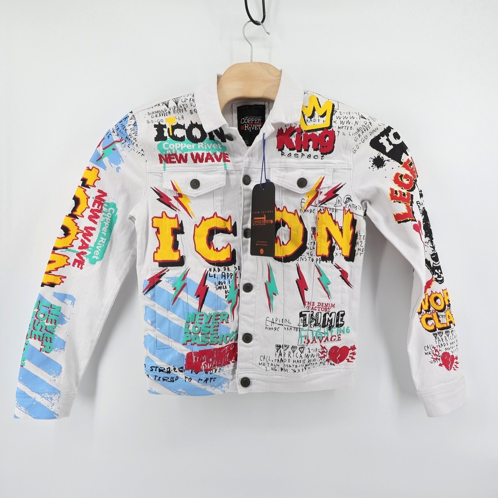 NEW Copper Rivet‎ White Denim Jacket Graffiti Print King Crown Icon Wave Small